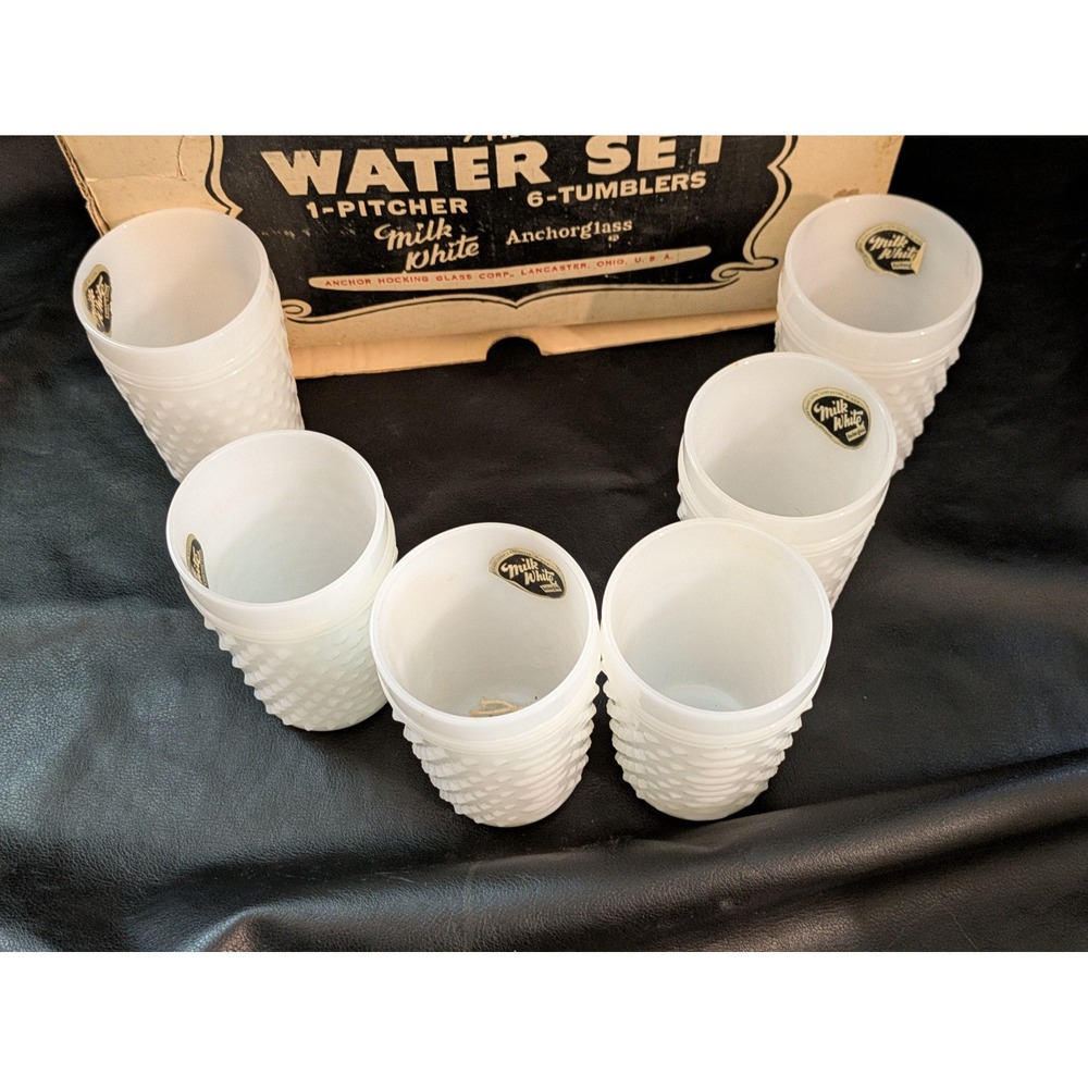Anchor Hocking Milk White Hobnail Water Set 7 Piece Pitcher & Tumblers with Box - Picture 12 of 16